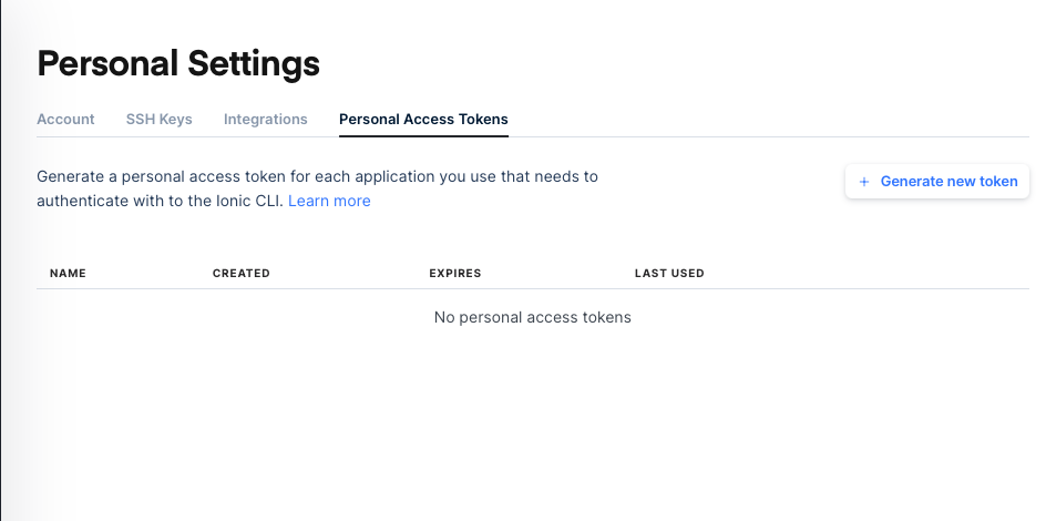 Personal Access Token Tab