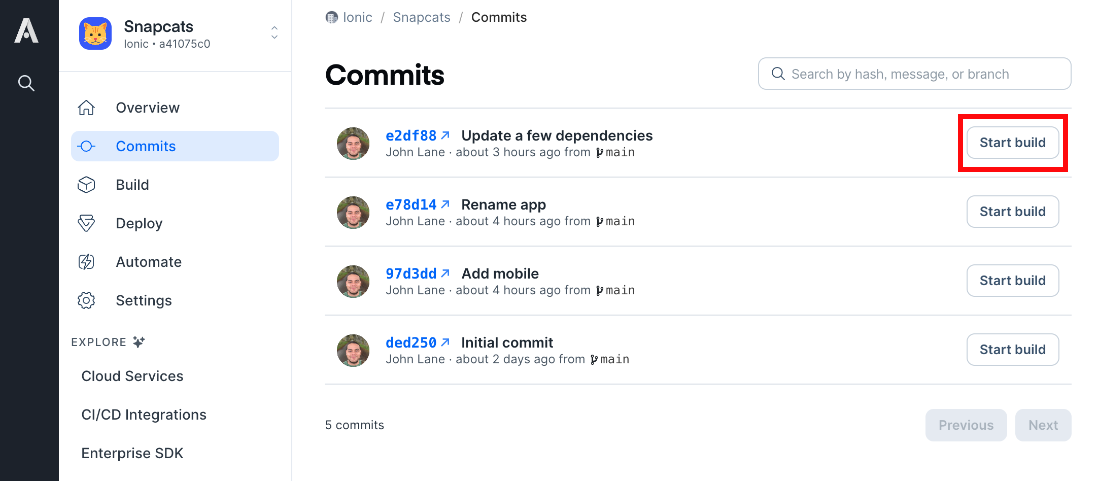 Start Build from Commits