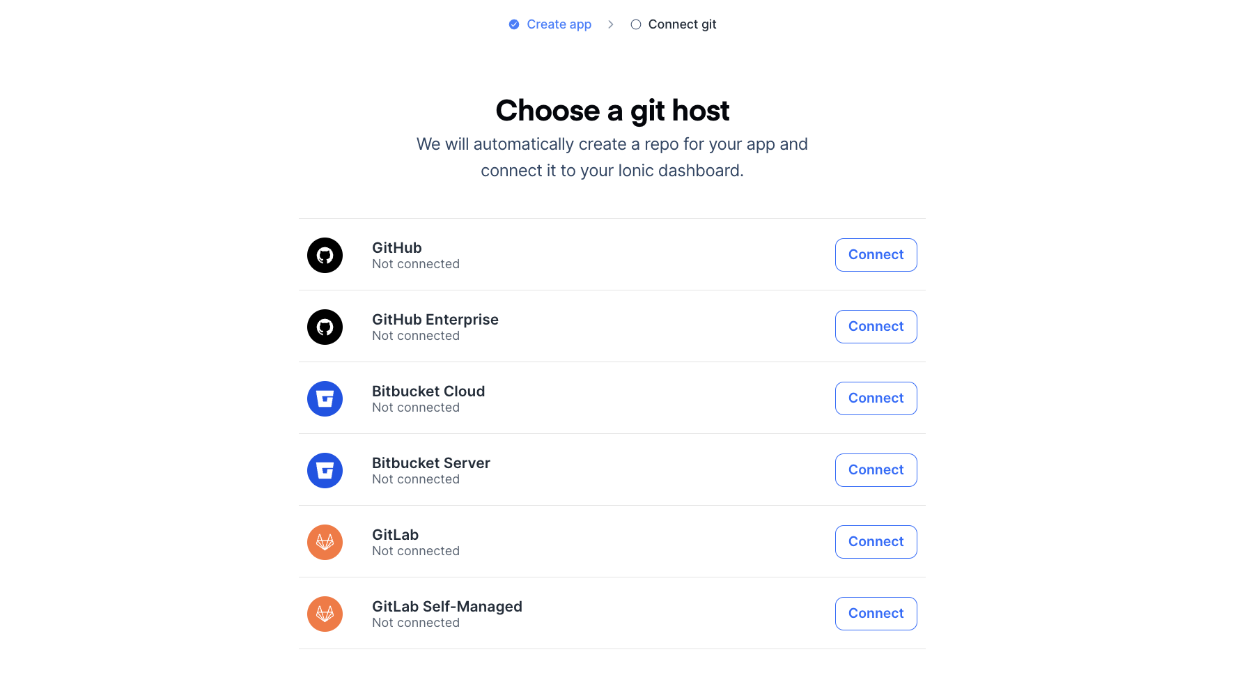 Choose a Git host after app creation